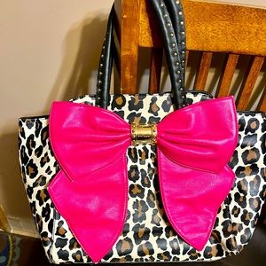 Betsey Johnson satchel - leopard print with large fuchsia bow